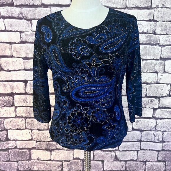 Brittany Black Tops - Brittany Black Blue, Black & Gold 3/4 Sleeve Blouse Size L